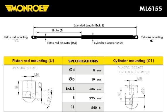 Monroe ML6155 - Газовая пружина, упор unicars.by