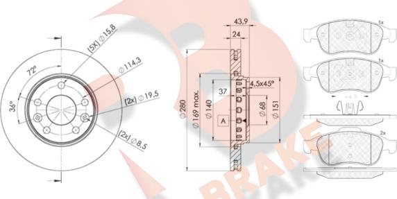 R Brake 3R19154022 - Дисковый тормозной механизм, комплект unicars.by