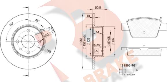 R Brake 3R15034070 - Дисковый тормозной механизм, комплект unicars.by