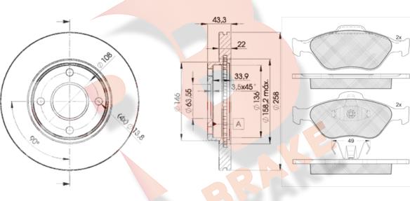 R Brake 3R13435344 - Дисковый тормозной механизм, комплект unicars.by