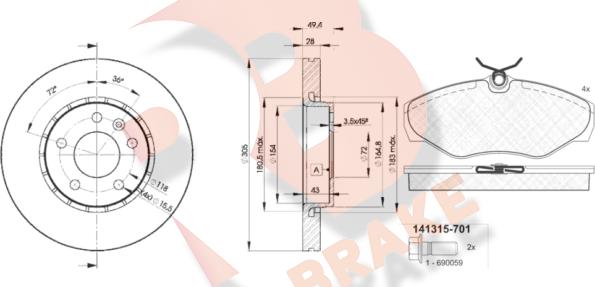 R Brake 3R13156845 - Дисковый тормозной механизм, комплект unicars.by