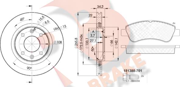 R Brake 3R13884750 - Дисковый тормозной механизм, комплект unicars.by