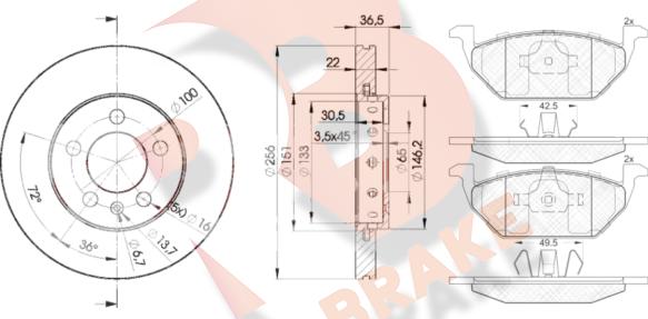 R Brake 3R13385602 - Дисковый тормозной механизм, комплект unicars.by