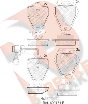 R Brake RB1691 - Тормозные колодки, дисковые, комплект unicars.by