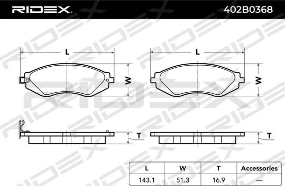 RIDEX 402B0368 - Тормозные колодки, дисковые, комплект unicars.by