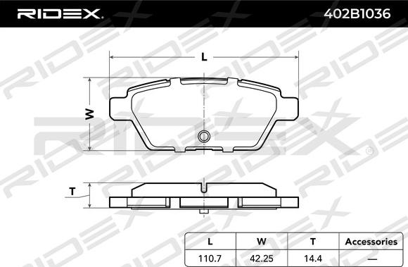 RIDEX 402B1036 - Тормозные колодки, дисковые, комплект unicars.by