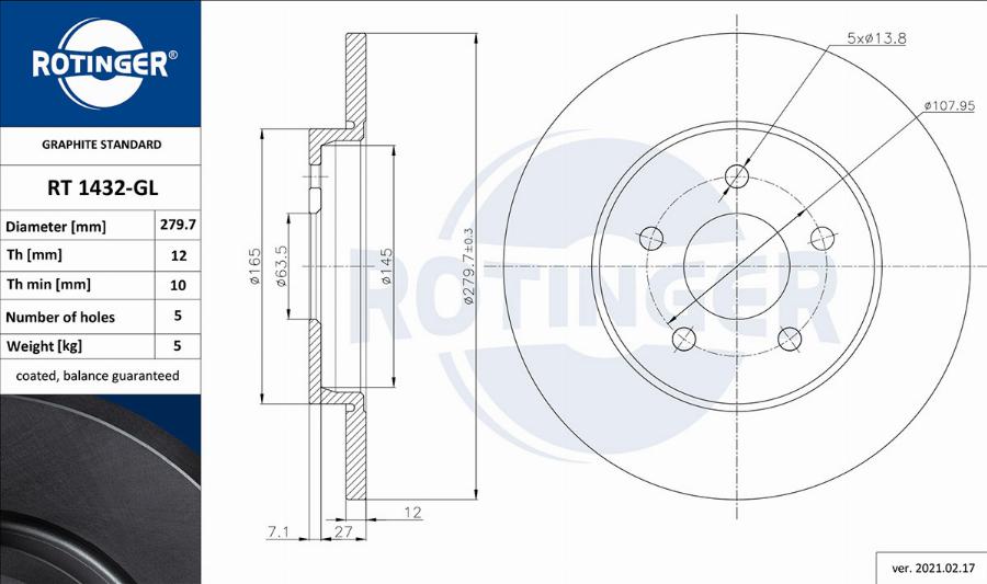 Rotinger RT 1432-GL - Тормозной диск unicars.by