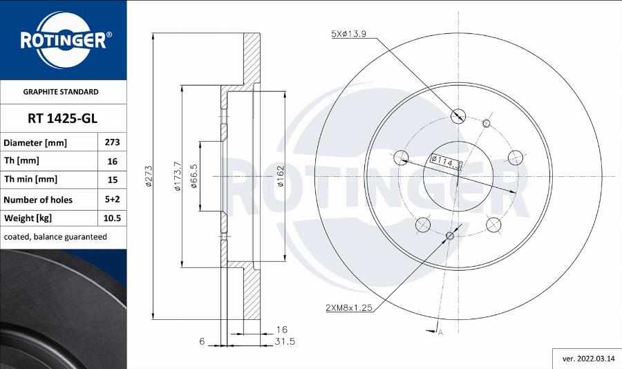 Rotinger RT 1425-GL - Тормозной диск unicars.by