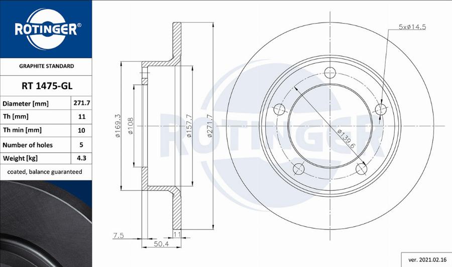 Rotinger RT 1475-GL - Тормозной диск unicars.by