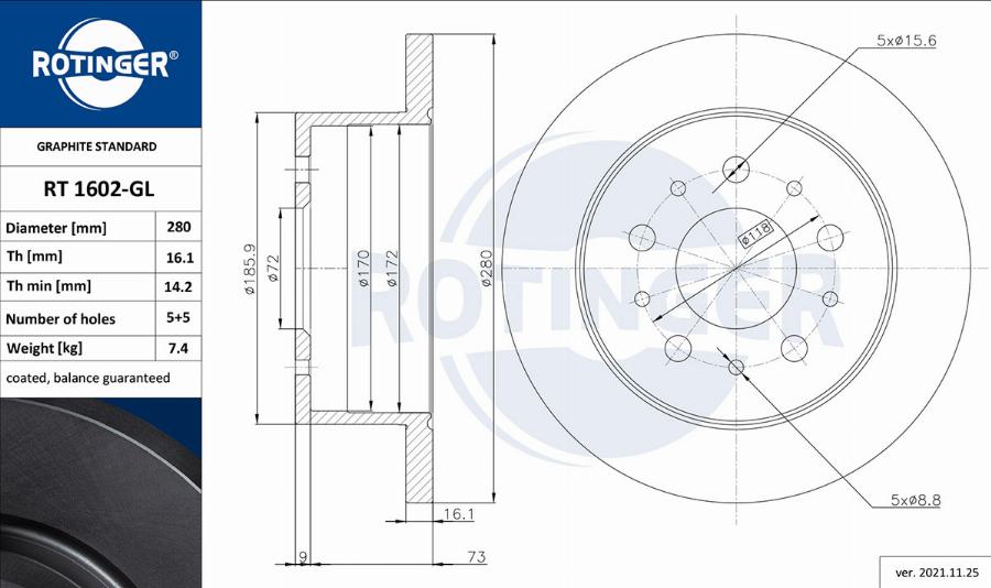 Rotinger RT 1602-GL - Тормозной диск unicars.by