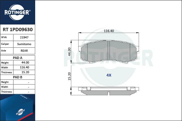 Rotinger RT 1PD09630 - Тормозные колодки, дисковые, комплект unicars.by