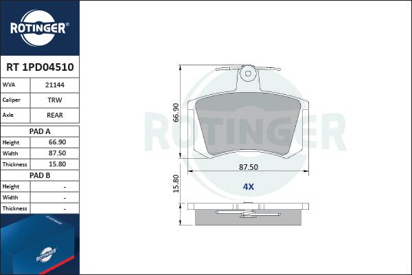 Rotinger RT 1PD04510 - Тормозные колодки, дисковые, комплект unicars.by