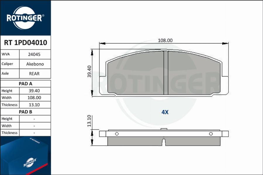 Rotinger RT 1PD04010 - Тормозные колодки, дисковые, комплект unicars.by