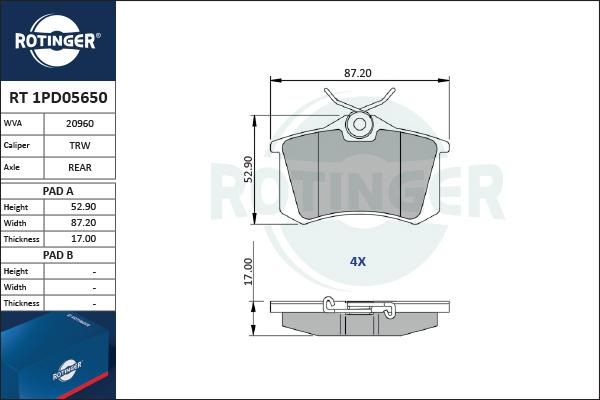 Rotinger RT 1PD05650 - Тормозные колодки, дисковые, комплект unicars.by