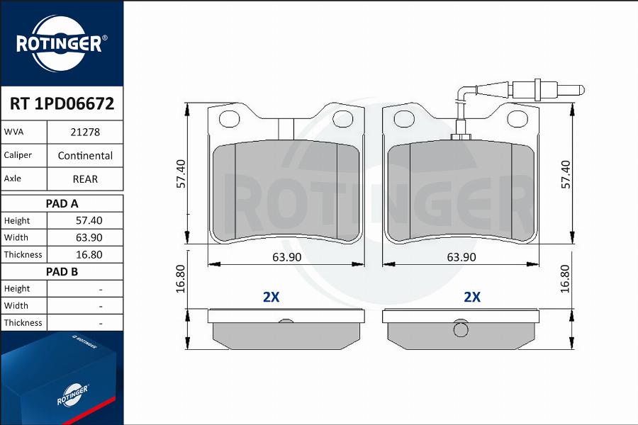 Rotinger RT 1PD06672 - Тормозные колодки, дисковые, комплект unicars.by