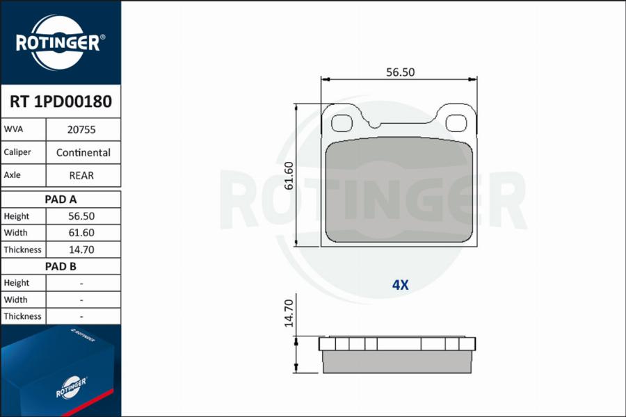 Rotinger RT 1PD00180 - Тормозные колодки, дисковые, комплект unicars.by