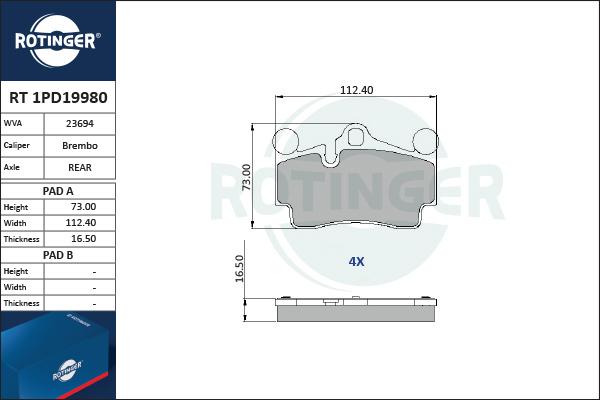 Rotinger RT 1PD19980 - Тормозные колодки, дисковые, комплект unicars.by