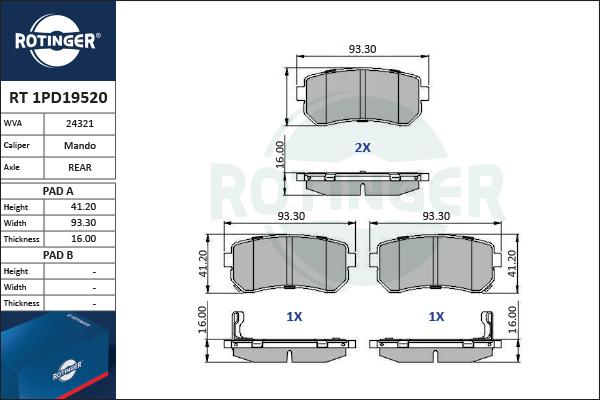 Rotinger RT 1PD19520 - Тормозные колодки, дисковые, комплект unicars.by