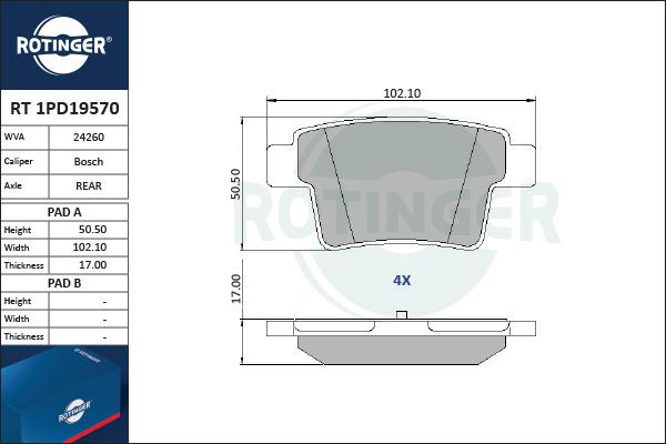 Rotinger RT 1PD19570 - Тормозные колодки, дисковые, комплект unicars.by