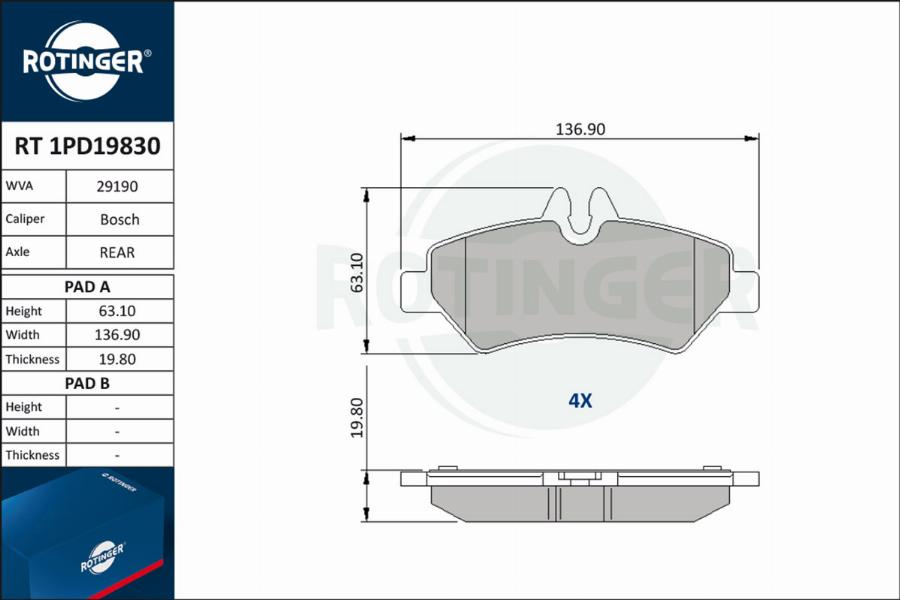 Rotinger RT 1PD19830 - Тормозные колодки, дисковые, комплект unicars.by