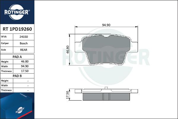 Rotinger RT 1PD19260 - Тормозные колодки, дисковые, комплект unicars.by