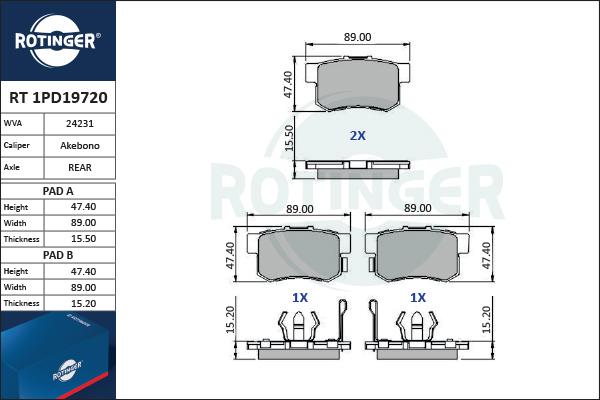 Rotinger RT 1PD19720 - Тормозные колодки, дисковые, комплект unicars.by