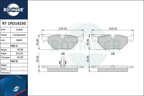 Rotinger RT 1PD14230 - Тормозные колодки, дисковые, комплект unicars.by