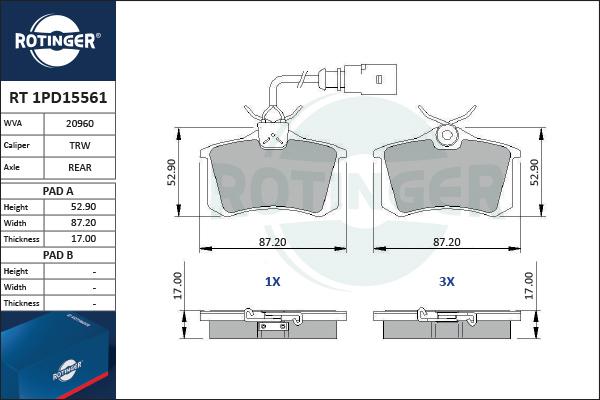 Rotinger RT 1PD15561 - Тормозные колодки, дисковые, комплект unicars.by