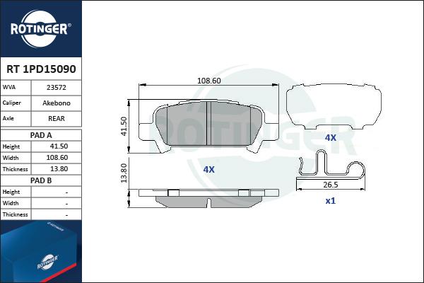 Rotinger RT 1PD15090 - Тормозные колодки, дисковые, комплект unicars.by