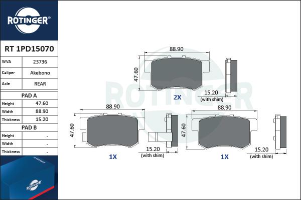 Rotinger RT 1PD15070 - Тормозные колодки, дисковые, комплект unicars.by