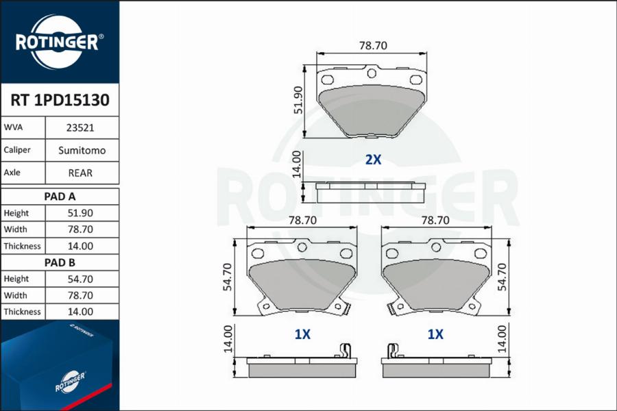 Rotinger RT 1PD15130 - Тормозные колодки, дисковые, комплект unicars.by