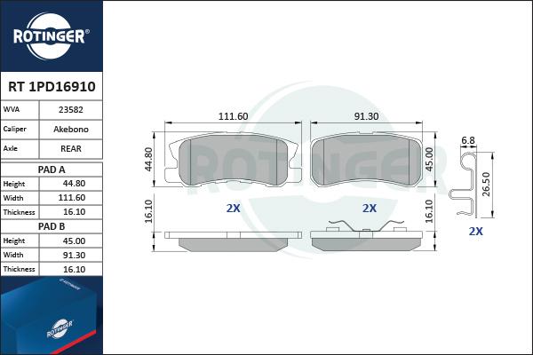 Rotinger RT 1PD16910 - Тормозные колодки, дисковые, комплект unicars.by