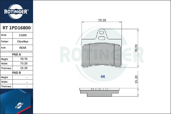 Rotinger RT 1PD16800 - Тормозные колодки, дисковые, комплект unicars.by