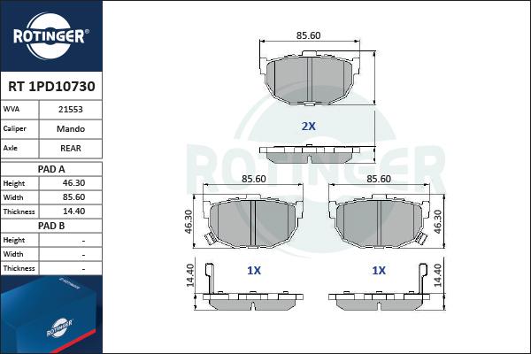 Rotinger RT 1PD10730 - Тормозные колодки, дисковые, комплект unicars.by