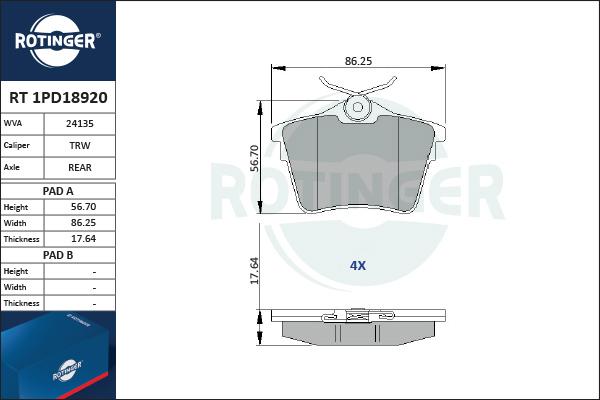 Rotinger RT 1PD18920 - Тормозные колодки, дисковые, комплект unicars.by