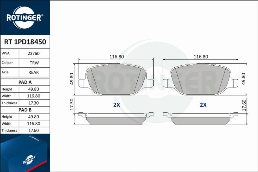 Rotinger RT 1PD18450 - Тормозные колодки, дисковые, комплект unicars.by