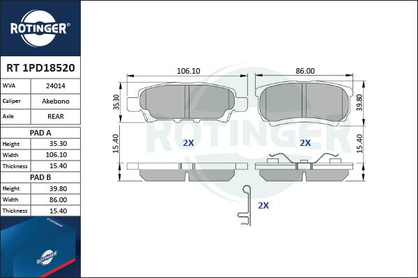 Rotinger RT 1PD18520 - Тормозные колодки, дисковые, комплект unicars.by