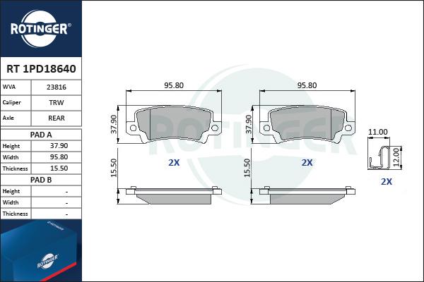 Rotinger RT 1PD18640 - Тормозные колодки, дисковые, комплект unicars.by