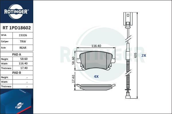 Rotinger RT 1PD18602 - Тормозные колодки, дисковые, комплект unicars.by