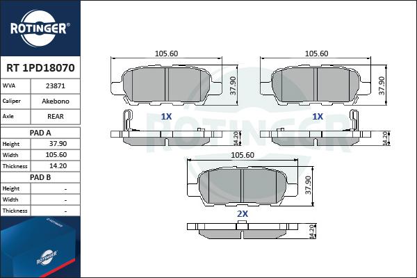 Rotinger RT 1PD18070 - Тормозные колодки, дисковые, комплект unicars.by