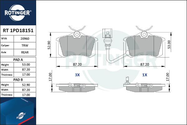 Rotinger RT 1PD18151 - Тормозные колодки, дисковые, комплект unicars.by