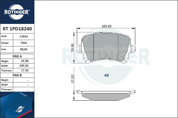 Rotinger RT 1PD18240 - Тормозные колодки, дисковые, комплект unicars.by