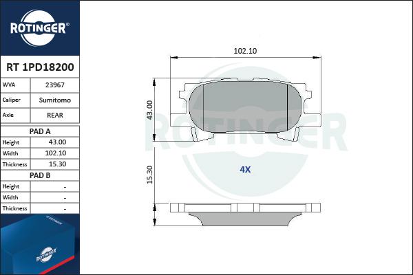 Rotinger RT 1PD18200 - Тормозные колодки, дисковые, комплект unicars.by