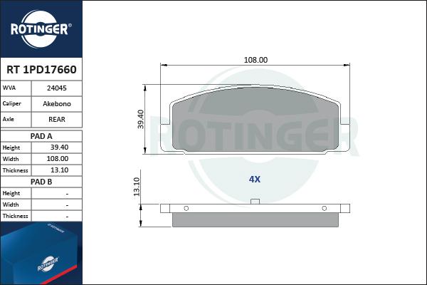 Rotinger RT 1PD17660 - Тормозные колодки, дисковые, комплект unicars.by