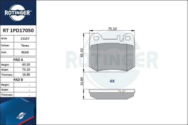 Rotinger RT 1PD17050 - Тормозные колодки, дисковые, комплект unicars.by