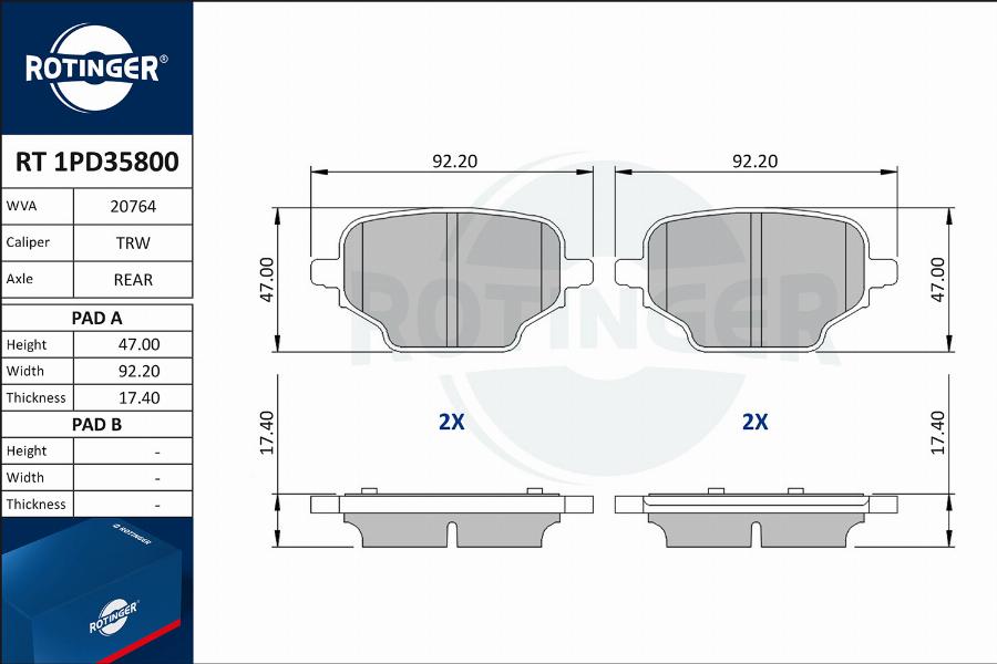 Rotinger RT 1PD35800 - Тормозные колодки, дисковые, комплект unicars.by