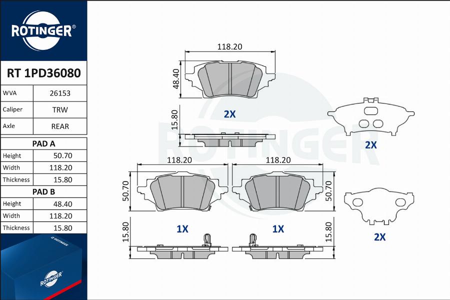 Rotinger RT 1PD36080 - Тормозные колодки, дисковые, комплект unicars.by