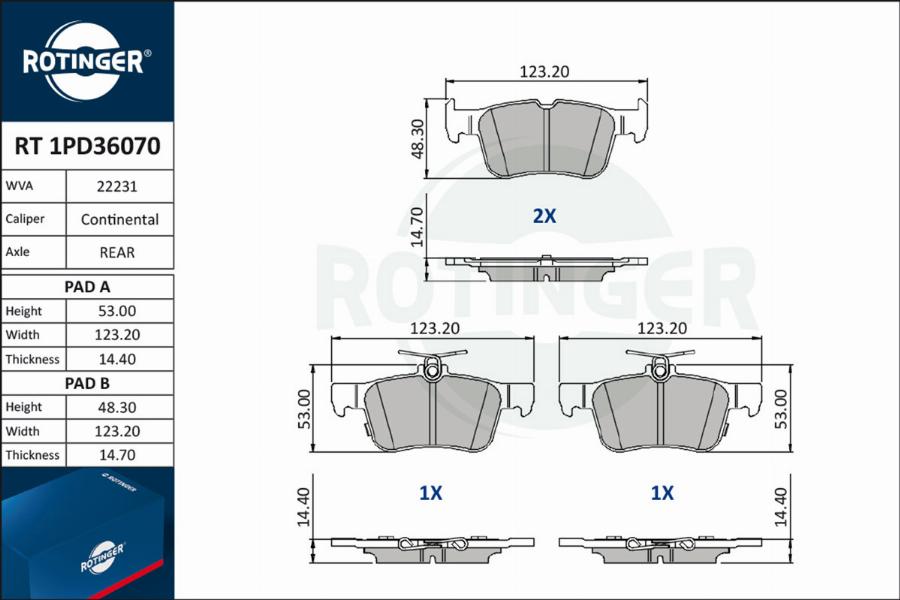 Rotinger RT 1PD36070 - Тормозные колодки, дисковые, комплект unicars.by