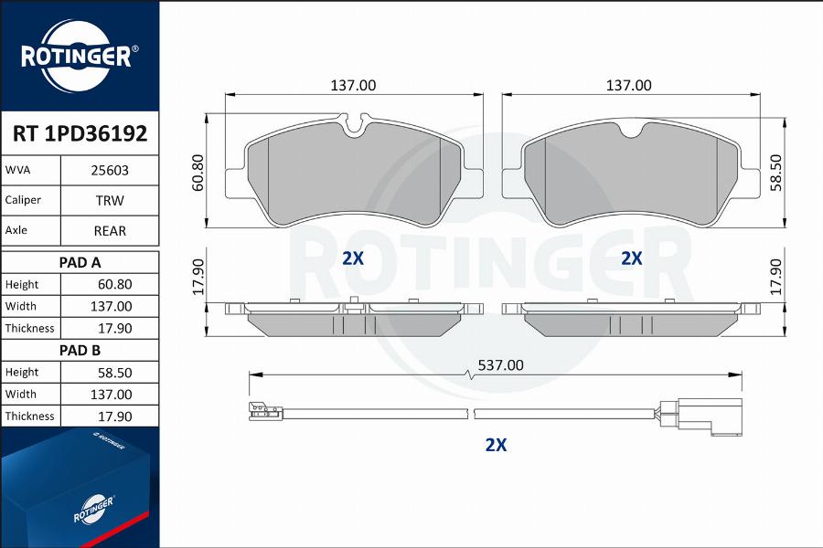 Rotinger RT 1PD36192 - Тормозные колодки, дисковые, комплект unicars.by