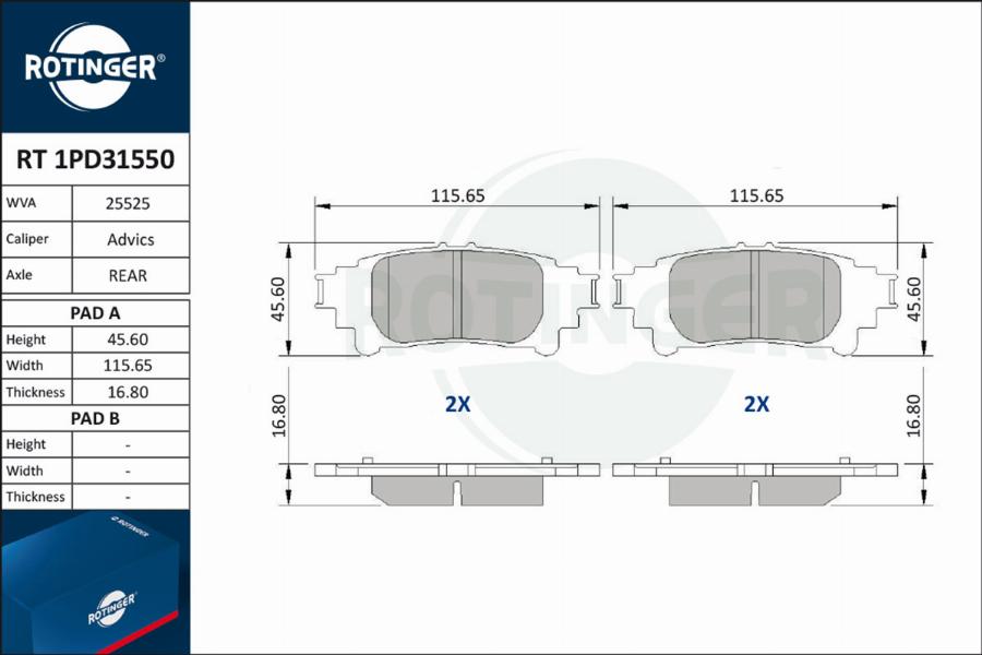 Rotinger RT 1PD31550 - Тормозные колодки, дисковые, комплект unicars.by